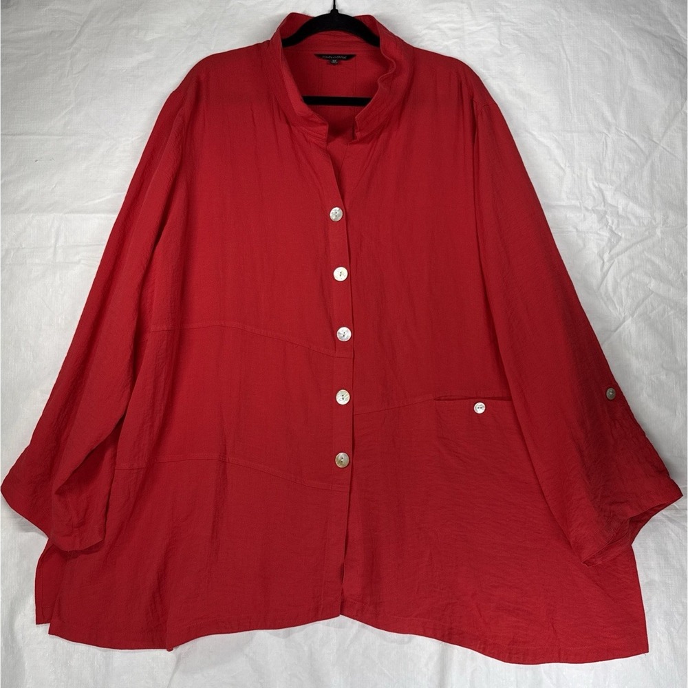 John Mark Button Up Tunic Women's Plus 3XL Red 3/4 Roll Tab Sleeve Wired Collar